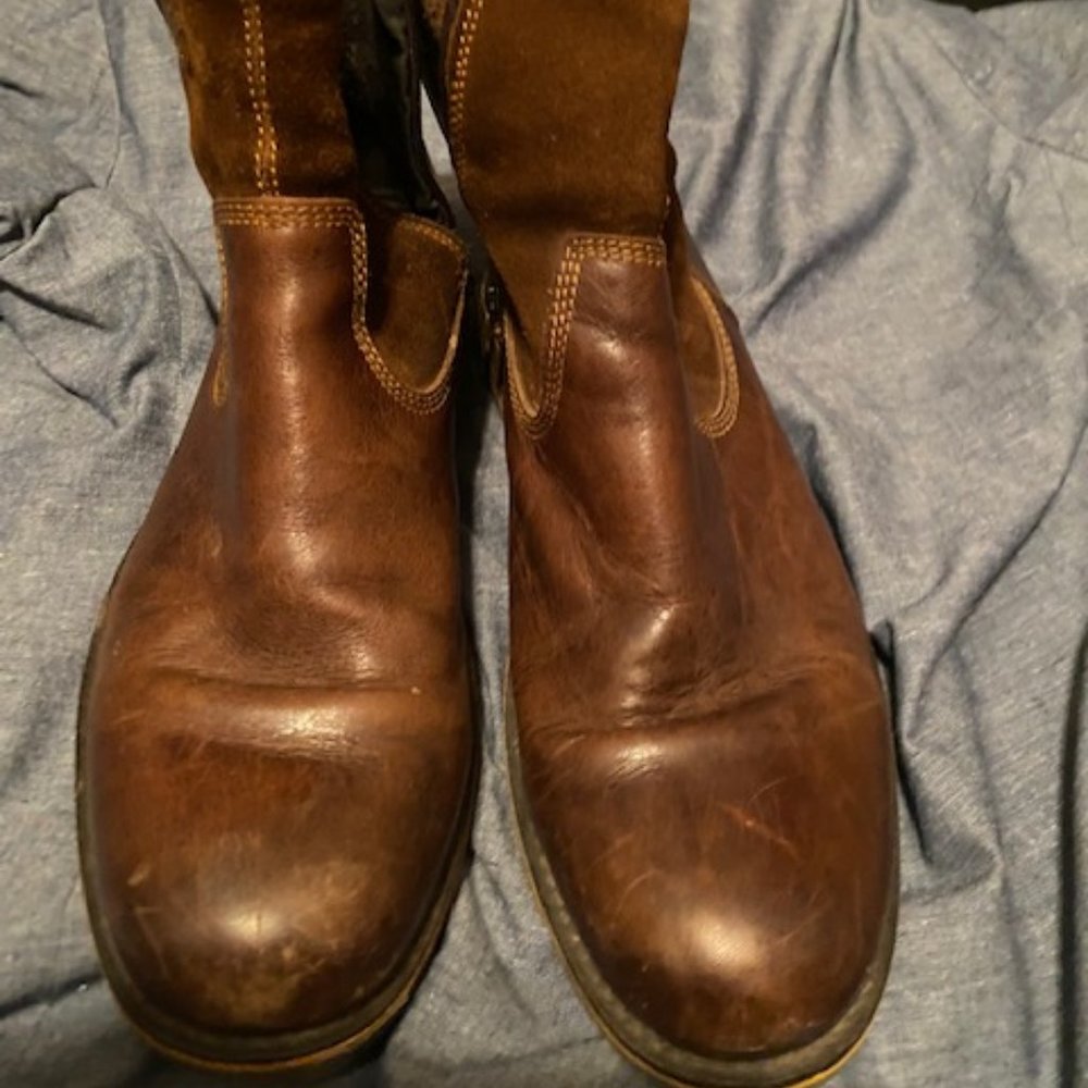 Kenneth Cole Brown Leather boots with suede sides zip and buckle sz 10